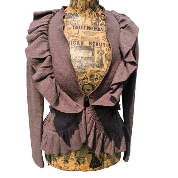 Charlie & Robin Wool Cardigan Sweater  Small Ruffle Brown Artsy Thespian Flaws * - Picture 1 of 16